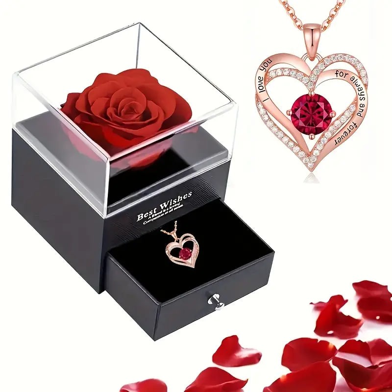 Luxury Red Zircon Pendant Necklaces With Rose Flower Gift Box For Girlfriend Women I Love You Gifts, Romantic Anniversary Party Birthday Wedding Gift Jewelry