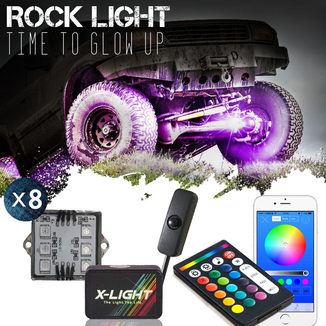 Car Wireless RGB-W LED Rock Light Kit Remote & Phone Control Brake Mode Music